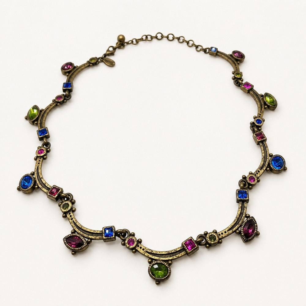 Chico's Multicolor Crystal Link Necklace Antique Brass Tone Adjustable Statemen